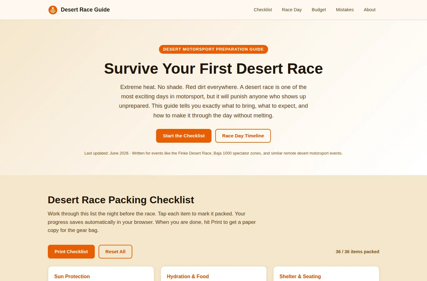 Screenshot of Desert Race Day Survival Guide interface showing the project page in use